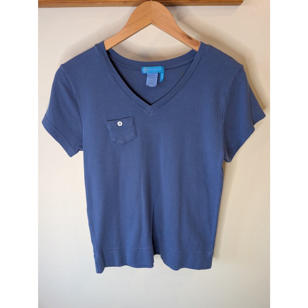 Fresh Produce V-Neck Pocket Tee Slate Blue Cotton Short Sleeve Top Medium